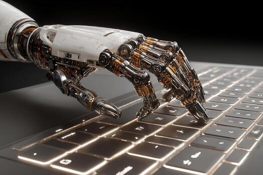 Intricate Cybernetic Hand Typing on a Glowing Keyboard, Symbolizing AI and Future Technology. photo