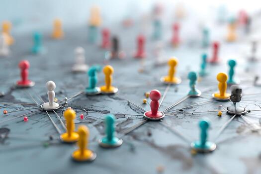A Web of Global Connections, Colorful Pins Linked on a World Map with a Shallow Depth of Field. photo