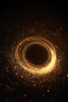 Luminous Golden Particle Vortex Swirling into a Dark Central Void, an Abstract Cosmic Display. photo
