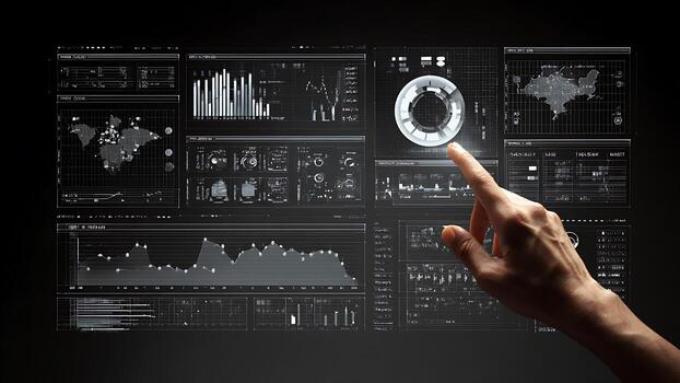 Futuristic Interface with Hand Interaction, Data Visualization and Global Analytics on Dark Background photo