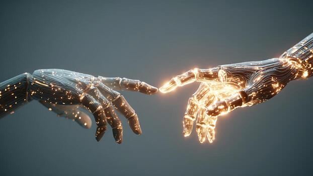 Glowing Robotic Hands Connecting, AI and Human-Machine Interaction in a Futuristic Digital Creation Scene photo