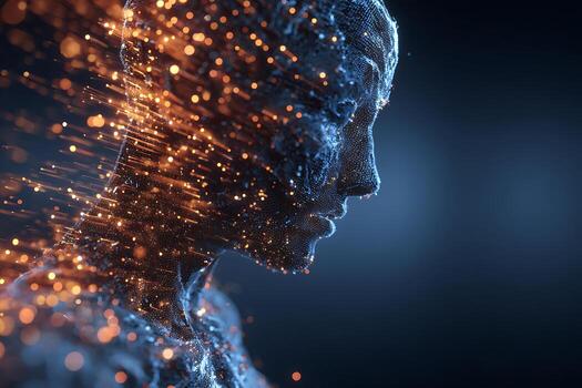 Cybernetic Humanoid Profile Disintegrating into a Fiery Stream of Data Particles photo