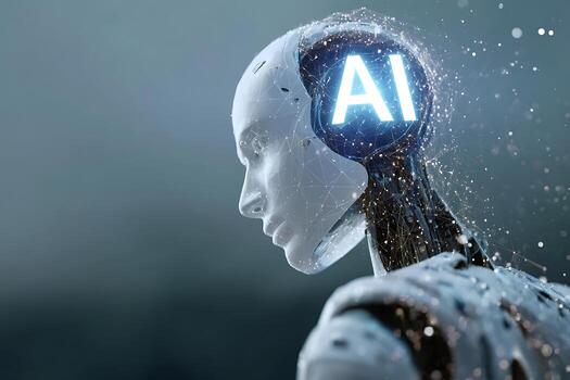 perfil de un humanoide con un brillante ai neural red cerebro. foto