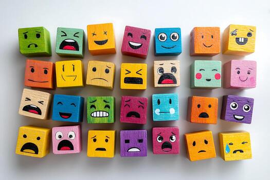 Array of colorful wooden blocks displaying a wide range of hand-drawn emoji faces and emotions. photo