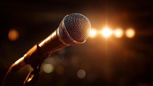 Close-up of a dynamic microphone on stage with warm, golden stage lights and bokeh background. photo