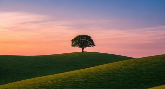 Serene sunset over rolling green hills with a lone tree silhouette photo