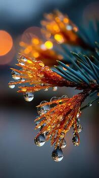 Dew drops adorning pine branch tips at dawn photo