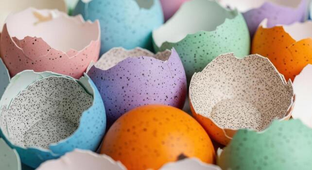 Vibrant pastel easter eggshells piled high creating a festive and colorful springtime display photo