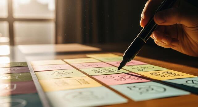 Close-up of a hand holding a pen marking colorful planner squares for effective time management. photo