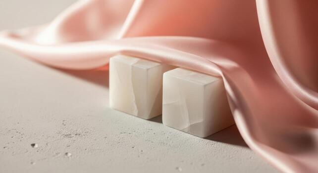 de cerca ver de cremoso cubitos descansando en un texturizado superficie con suave rosado tela cubierto encima foto