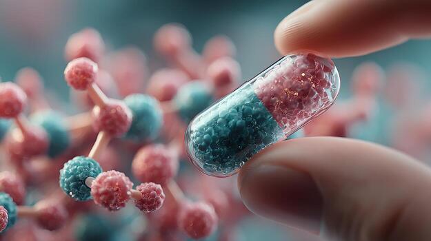 Transparent capsule filled with microscopic molecules photo