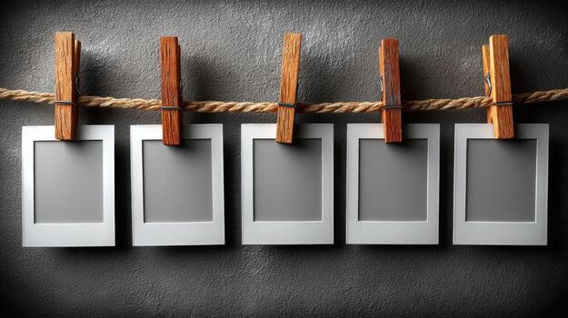 Five blank instant photos hanging on rope