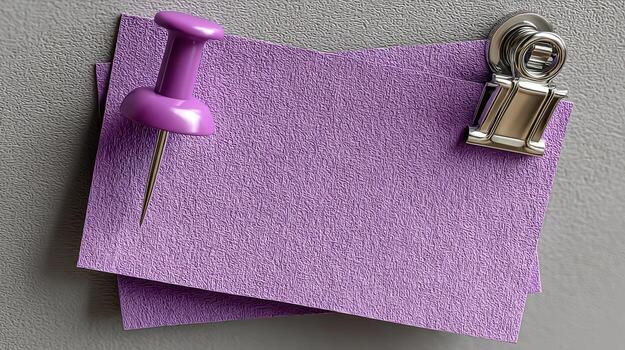Purple note cards with push pin and binder clip photo