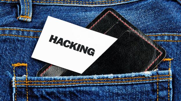 A black wallet sits in the back pocket of a pair of denim jeans with a card labeled hacking prominently displayed, highlighting issues related to cybersecurity and personal safety photo