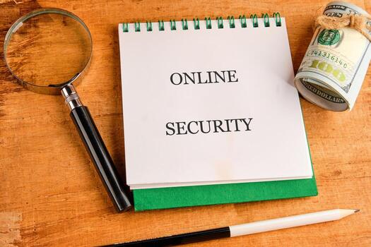 A workspace features a notepad with the phrase online security, a magnifying glass, and a bundle of banknotes, emphasizing the importance of technology in protecting finances photo