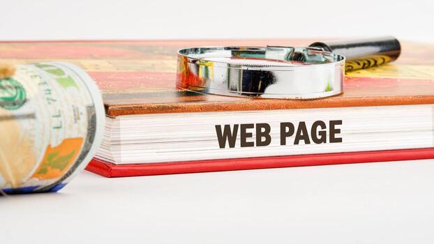 A magnifying glass rests on a book titled WEB PAGE, with a rolled banknote nearby. This setup represents the investigation of technology and concepts in web development photo