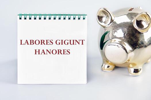 LABORES GIGUNT HANORES Translated from Latin, how Works generate honors on a white notebook on a gray background near a piggy bank in the shape of a pig photo