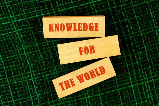 Concepts of business organizations and industries. KNOWLEDGE FOR THE WORLD made of wooden blocks on fabric background, top view photo