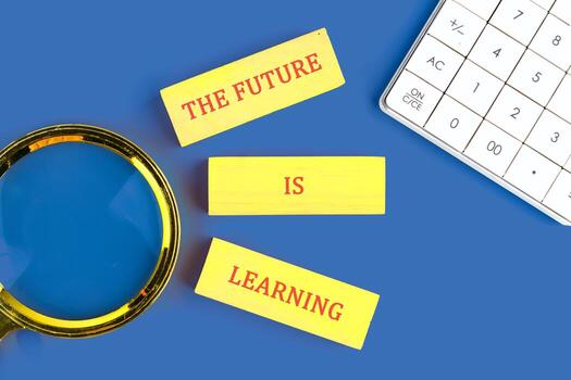 Business, modern technology, internet and networking concept. Copy space made of wooden blocks on blue background next to calculator, top view photo