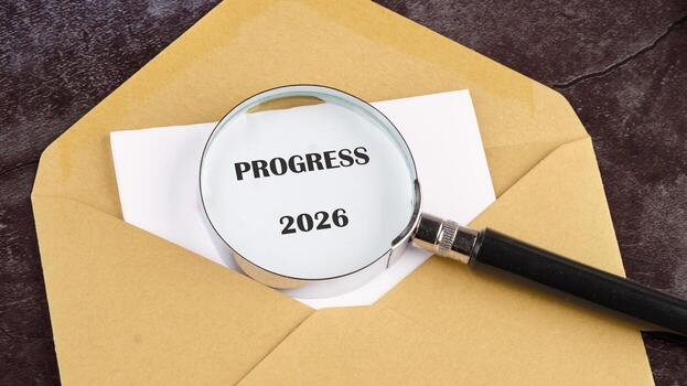 A tan envelope is slightly open. Inside, white paper displays the word PROGRESS and the year 2026. A magnifying glass hovers over it, emphasizing the message photo