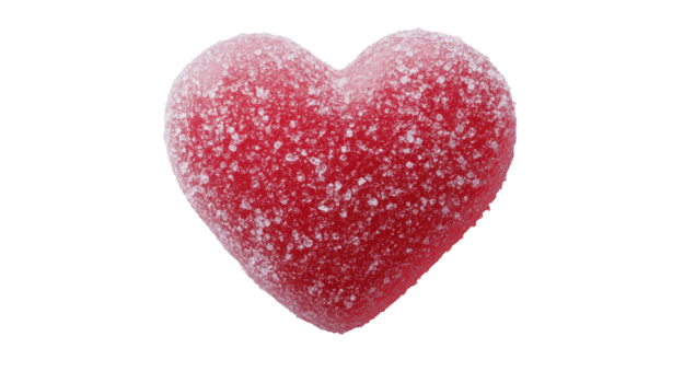 Sparkling red heart-shaped gummy candy, a sweet treat symbolizing love and affection. png
