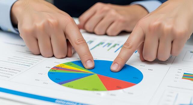 Analyzing Pie Chart - Two People Pointing at Data, Business Review, Collaboration. photo