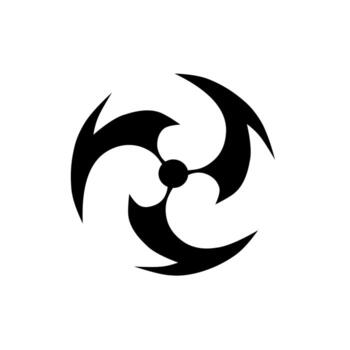 Dynamic black emblem with four curved blades forming a circular motion, symbolizing energy, rotation, and power in a bold abstract style. vector