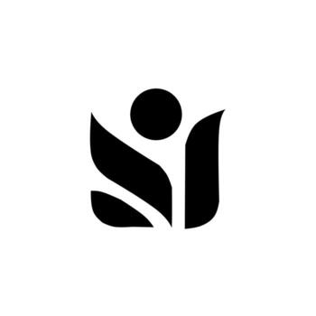 A modern black abstract logo combining human and leaf forms within a minimal shape, symbolizing growth, harmony, wellness, and the unity between people and nature. vector