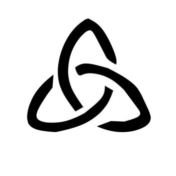 Black abstract triquetra emblem with three interwoven loops forming a triangular knot, symbolizing unity, eternity, and balance in a modern minimalist style. vector