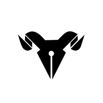 An abstract black logo combining a rams head and a fountain pen tip, symbolizing creativity, strength, intelligence, and the power of artistic or intellectual expression. vector