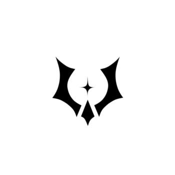 A striking, symmetrical emblem or crest with sharp, curved points resembling a mask, horns, or an animal head, centered with a four-pointed star and a diamond shape below. vector