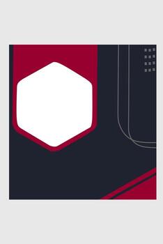 A professional, dark template design with a modern corporate feel, featuring a large white hexagon frame for content, set against a dark navy and deep red geometric background with subtle tech lines. vector