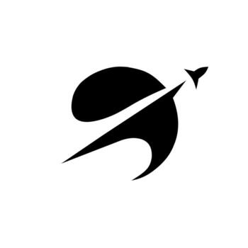 A dynamic logo featuring a silhouette of a rocket or spacecraft launching from and arcing past a stylized, swirling, or crescent-shaped planet, symbolizing speed, exploration, and progress. vector