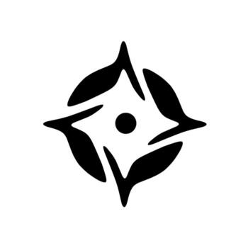 Abstract black emblem with four sharp curved points surrounding a central dot, symbolizing balance, energy, and modern creativity in a bold geometric style. vector