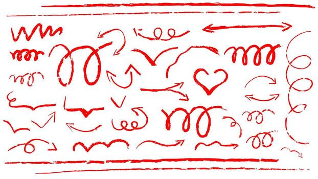 Red chalk brush line and arrow sketch. Crayon hand drawn pen stroke texture for rough underline and sketchy note art. Abstract spiral ink and thin curve, heart frame and pencil squiggle paint. vector