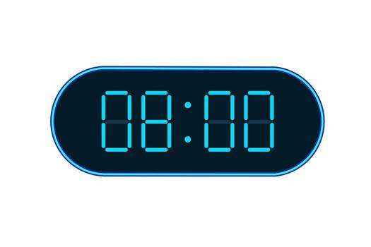 Flat illustration design of a digital clock displaying 08.00 . Illustration of alarm with digital number design. Clock icon for hour, watch, alarm signs vector