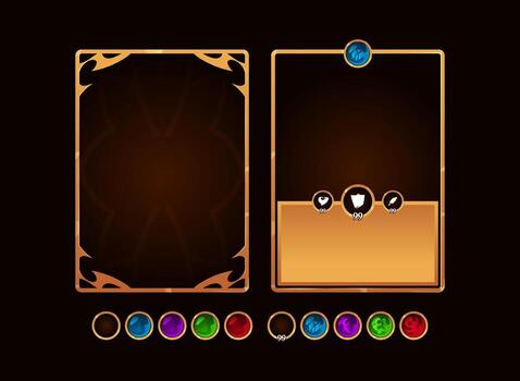front and back tcg fantasy medieval gold template with colorful icon set game illustration vector