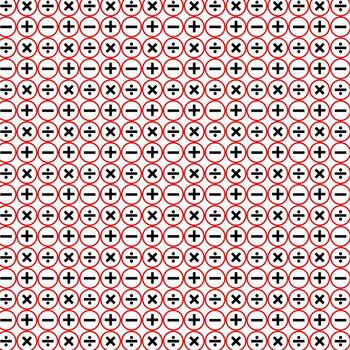 Seamless pattern of four basic mathematical operation symbols in white circles with bold red borders on white background illustration vector