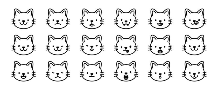 Funny cat faces. Cats emotion icons. Outline doodle kitten head expressions. Kawaii kitty mood with different emotions, feline muzzle with nose, tongue. symbol set vector