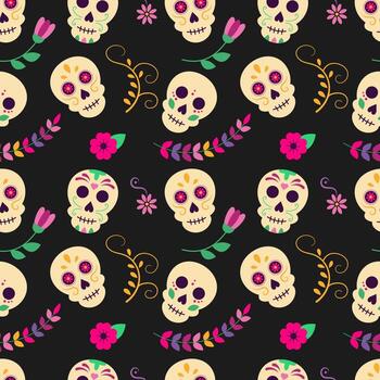 Seamless repeating pattern with sugar skulls for Day of the Dead on a black background. illustration. vector