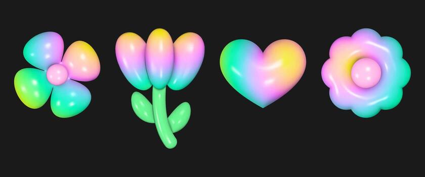 Collection features glossy 3D shapes of flowers, a heart with an iridescent pastel and neon gradient against a solid black background. Whimsical and playful design. vector