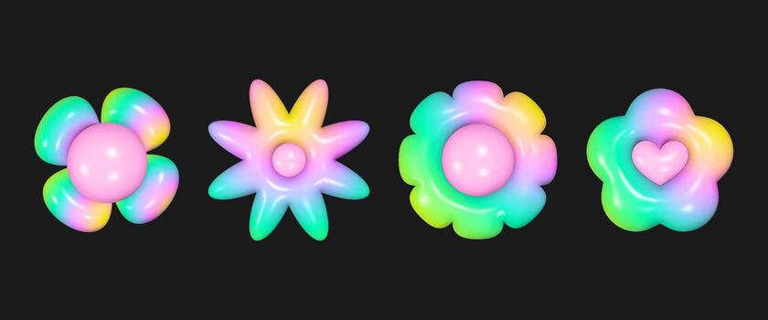 Bright glossy 3D shapes in iridescent pastel and neon colors create a whimsical retro-futuristic collection on a solid black background. vector