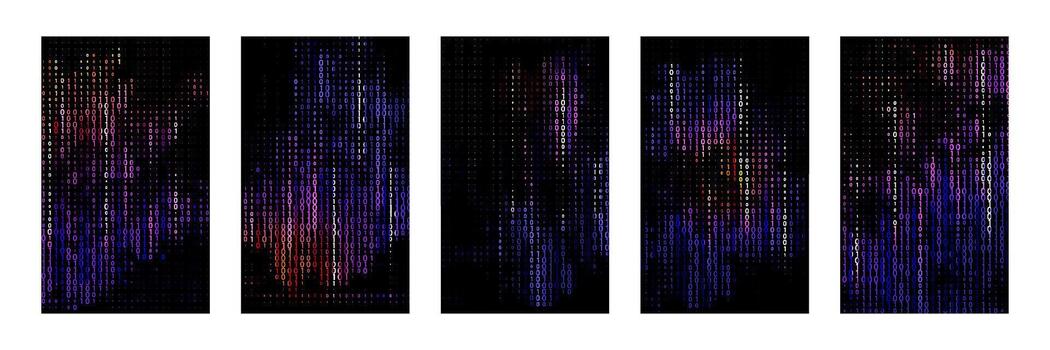 conjunto vertical paneles monitor que cae binario código conjunto en contra un negro antecedentes. cada panel caracteristicas vistoso gradientes de azul, oscuro púrpura, y pistas de rojo naranja, creando resumen patrones. vector