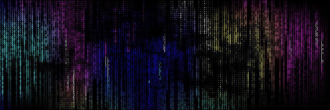 Dark background with illuminated binary code flowing in rainbow colors creates a digital rain effect of vibrant neon tones. vector