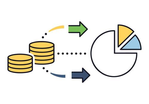 Financial data analysis with coins and pie chart isolated on white background vector