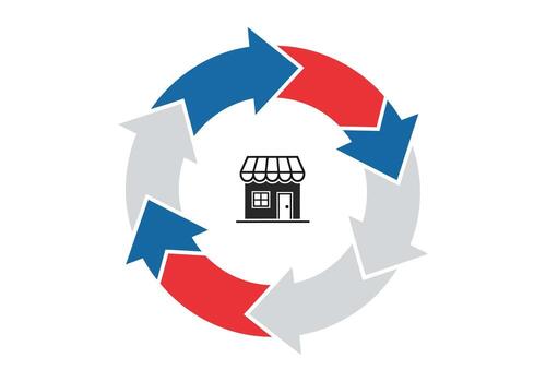 Circular arrows around store icon isolated on white background vector