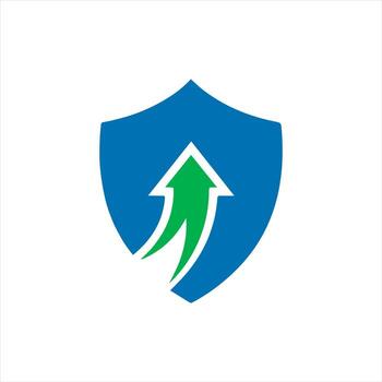 Blue shield with green arrow pointing up isolated on white background for security design vector