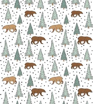 Seamless pattern of hand drawn doodle sketch bear and forest spruce trees vector
