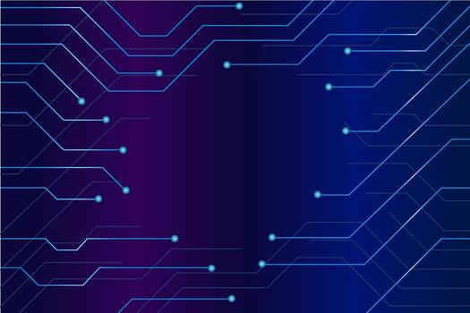 Modern abstract technology background with digital circuit lines and glowing connection dots in blue and purple gradient. vector
