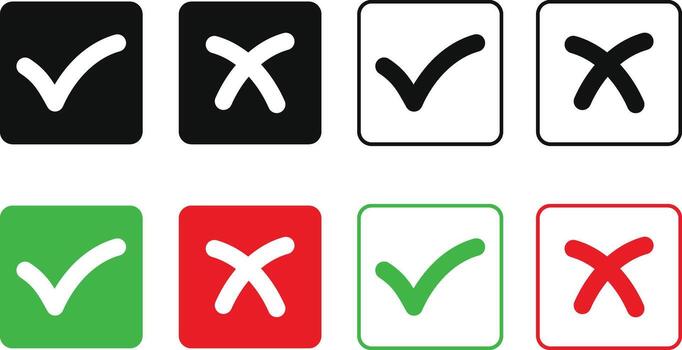 hand drawn check mark and cross mark icon set. Yes no sign. Approve and reject symbols. Green Tick and Red X Sign vector